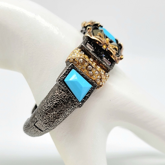 Alexis Bittar Turquoise Glass and Swarovski Crystal Mixed Metal Ormolu Cuff - Picture 9 of 13